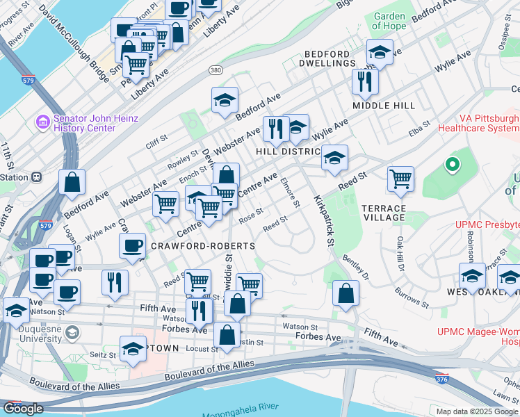 map of restaurants, bars, coffee shops, grocery stores, and more near 2029 Rose Street in Pittsburgh