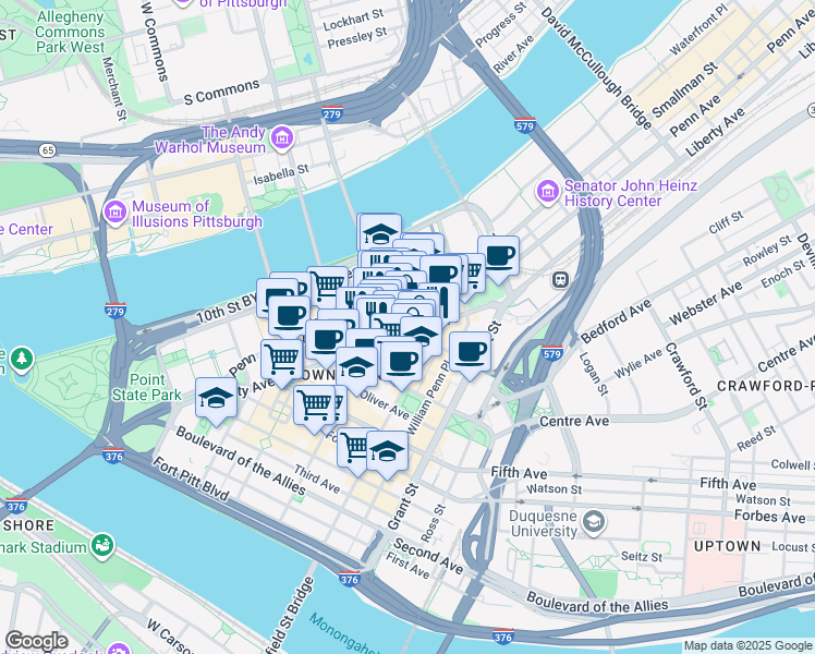map of restaurants, bars, coffee shops, grocery stores, and more near in Pittsburgh