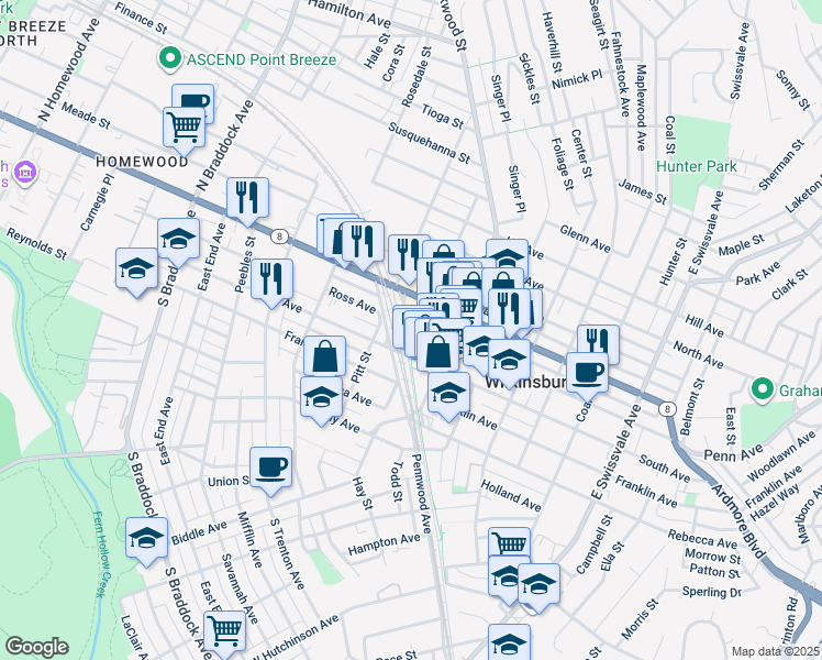 map of restaurants, bars, coffee shops, grocery stores, and more near in Wilkinsburg