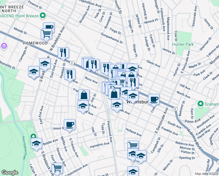 map of restaurants, bars, coffee shops, grocery stores, and more near in Wilkinsburg