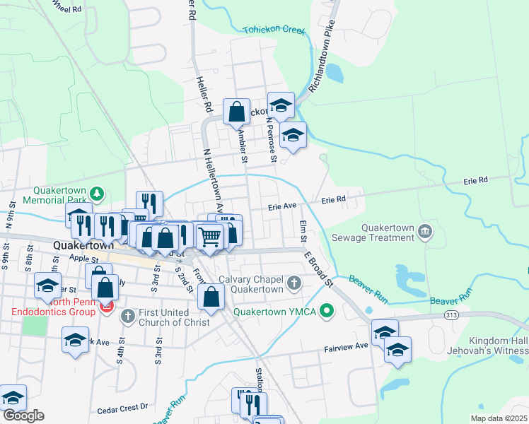 map of restaurants, bars, coffee shops, grocery stores, and more near 316 Erie Avenue in Quakertown
