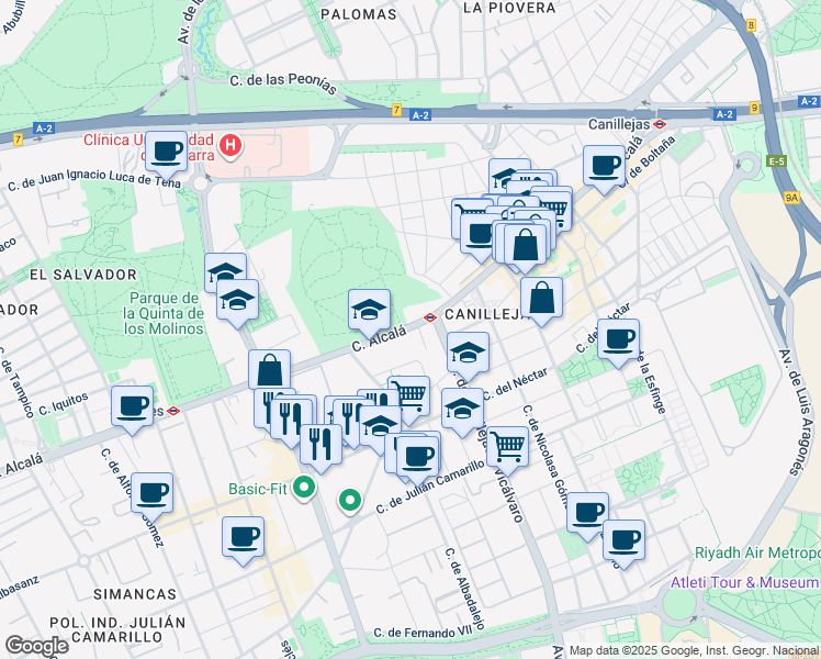 map of restaurants, bars, coffee shops, grocery stores, and more near 546 Calle de Alcalá in Madrid