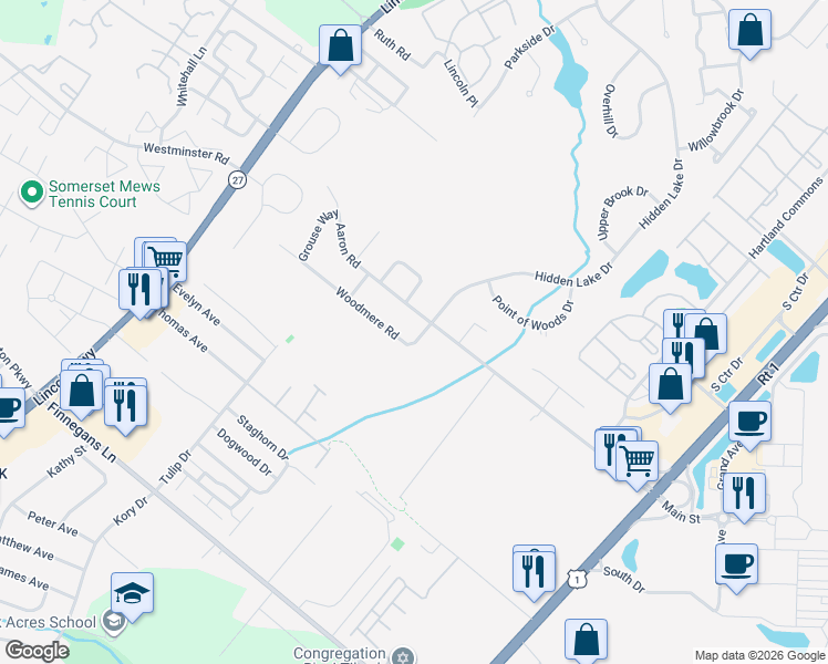 map of restaurants, bars, coffee shops, grocery stores, and more near 5 Woodmere Road in North Brunswick Township