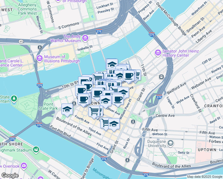 map of restaurants, bars, coffee shops, grocery stores, and more near 808 Penn Avenue in Pittsburgh