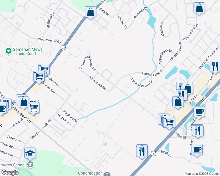 map of restaurants, bars, coffee shops, grocery stores, and more near 5 Woodmere Road in North Brunswick Township
