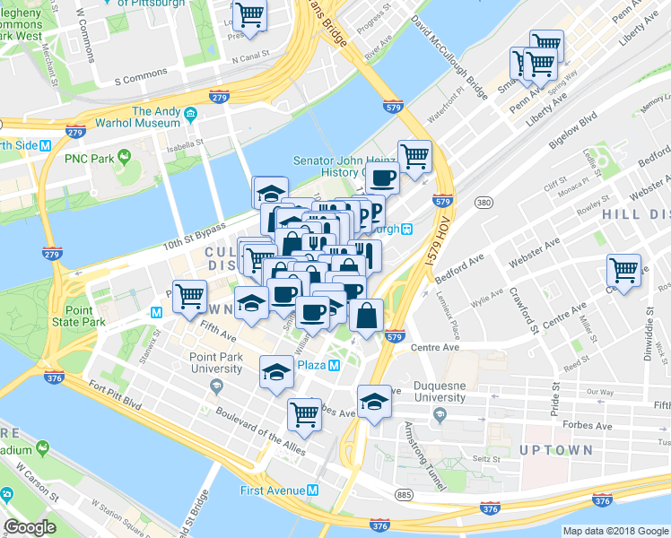 map of restaurants, bars, coffee shops, grocery stores, and more near 980 Liberty Avenue in Pittsburgh