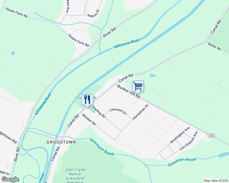 map of restaurants, bars, coffee shops, grocery stores, and more near 1005 Canal Road in Princeton