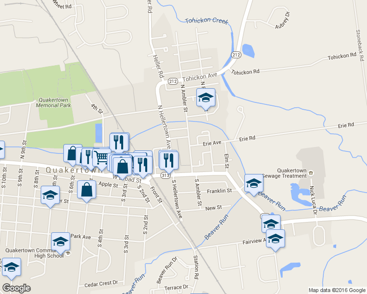 map of restaurants, bars, coffee shops, grocery stores, and more near 34 North Ambler Street in Quakertown