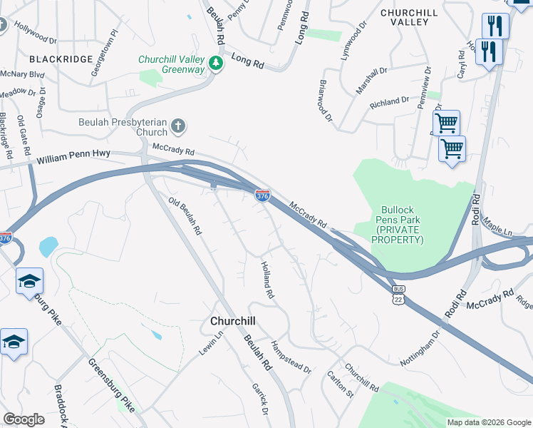 map of restaurants, bars, coffee shops, grocery stores, and more near 5 Churchill Road in Penn Hills