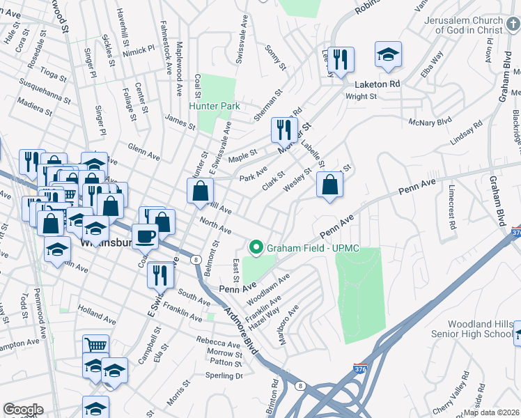 map of restaurants, bars, coffee shops, grocery stores, and more near 1317 Everett Street in Pittsburgh