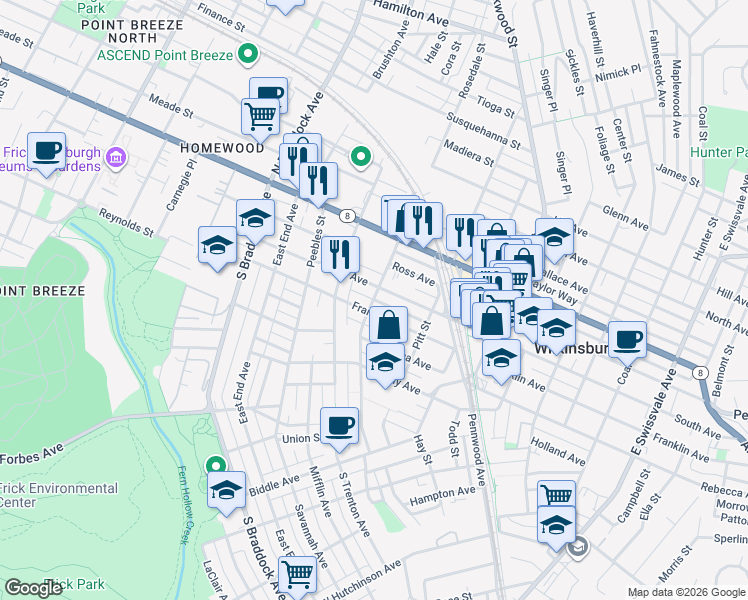 map of restaurants, bars, coffee shops, grocery stores, and more near 419 Franklin Avenue in Pittsburgh