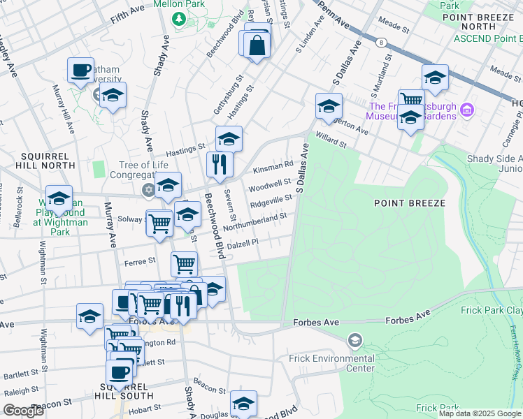 map of restaurants, bars, coffee shops, grocery stores, and more near 6625 Northumberland Street in Pittsburgh