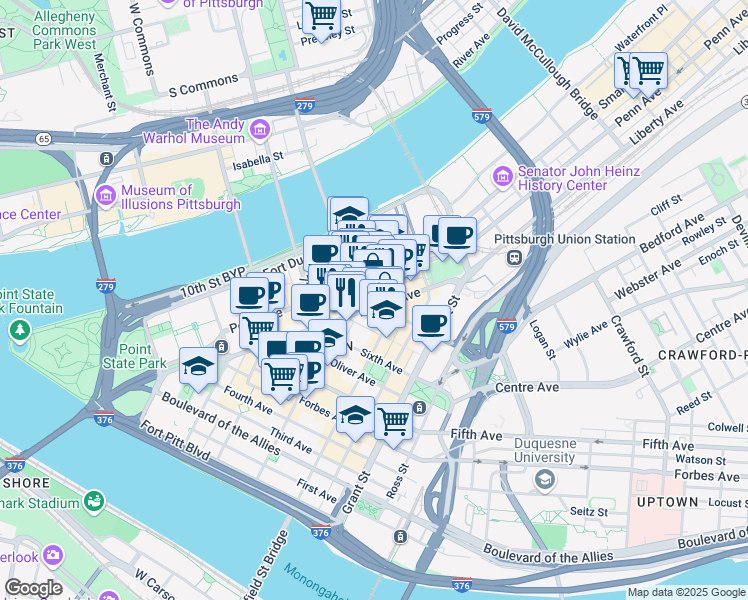 map of restaurants, bars, coffee shops, grocery stores, and more near in Pittsburgh