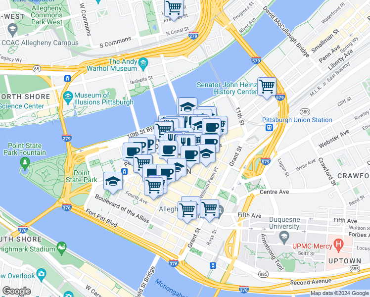 map of restaurants, bars, coffee shops, grocery stores, and more near 680 Liberty Avenue in Pittsburgh