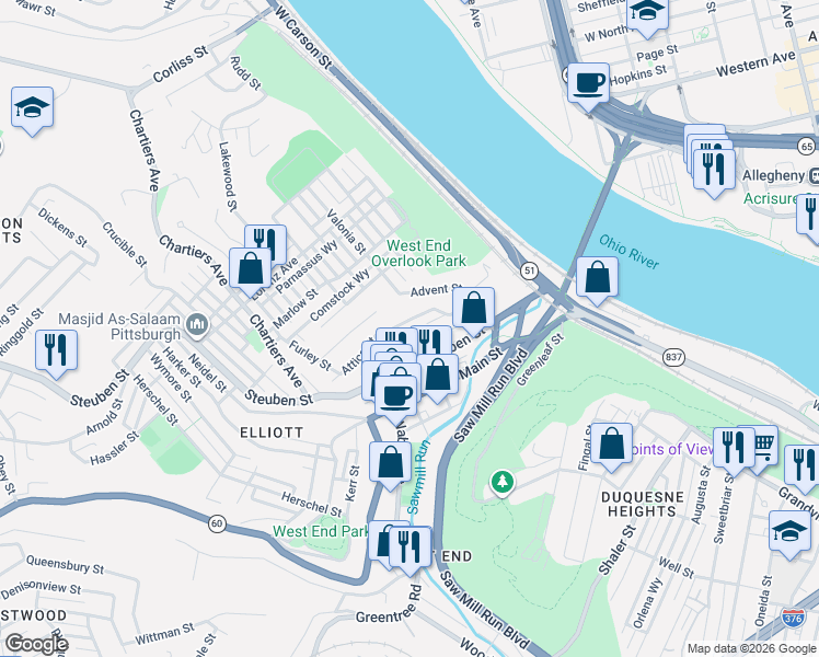 map of restaurants, bars, coffee shops, grocery stores, and more near 303 Attica Street in Pittsburgh