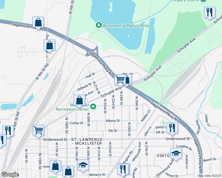 map of restaurants, bars, coffee shops, grocery stores, and more near 2138 Schuyler Avenue in Lafayette
