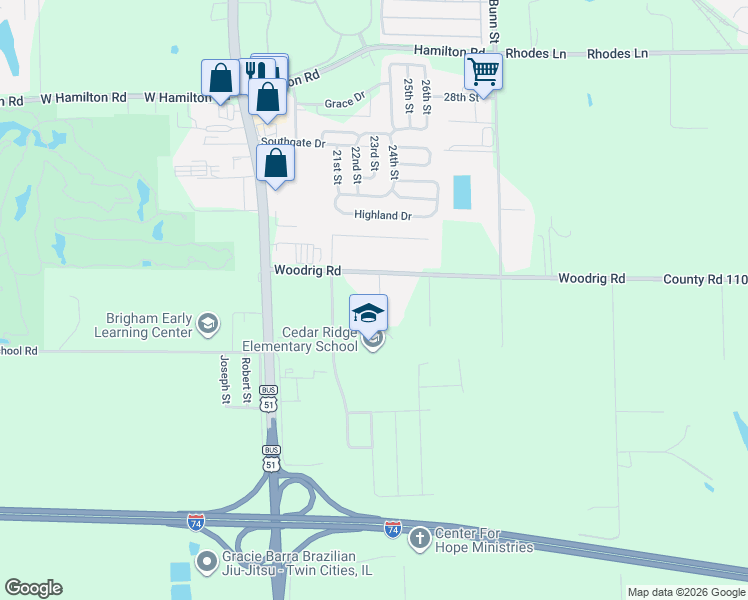 map of restaurants, bars, coffee shops, grocery stores, and more near 211 Woodrig Road in Bloomington