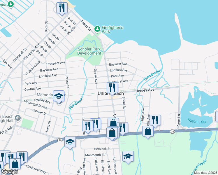 map of restaurants, bars, coffee shops, grocery stores, and more near 719 Union Avenue in Union Beach