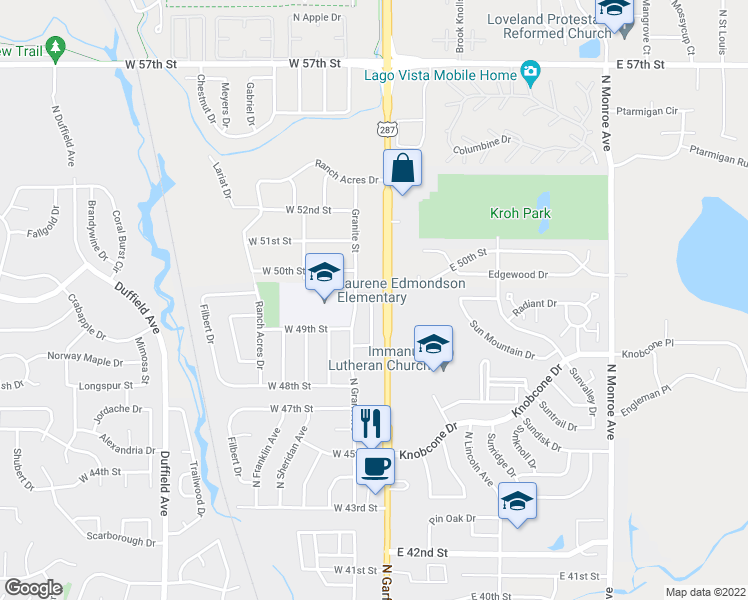 map of restaurants, bars, coffee shops, grocery stores, and more near 4944 Basswood Drive in Loveland