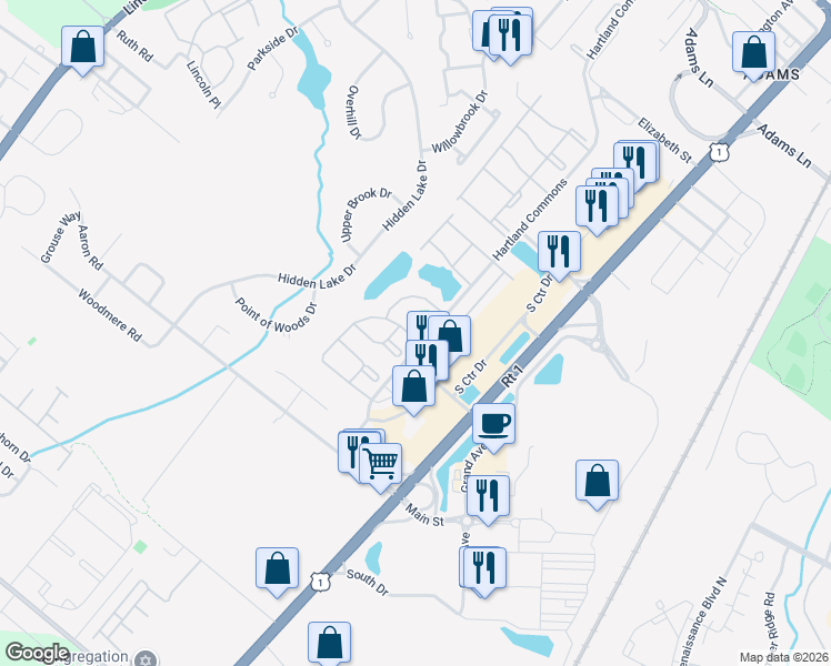 map of restaurants, bars, coffee shops, grocery stores, and more near 2415 Oxford Drive in North Brunswick Township