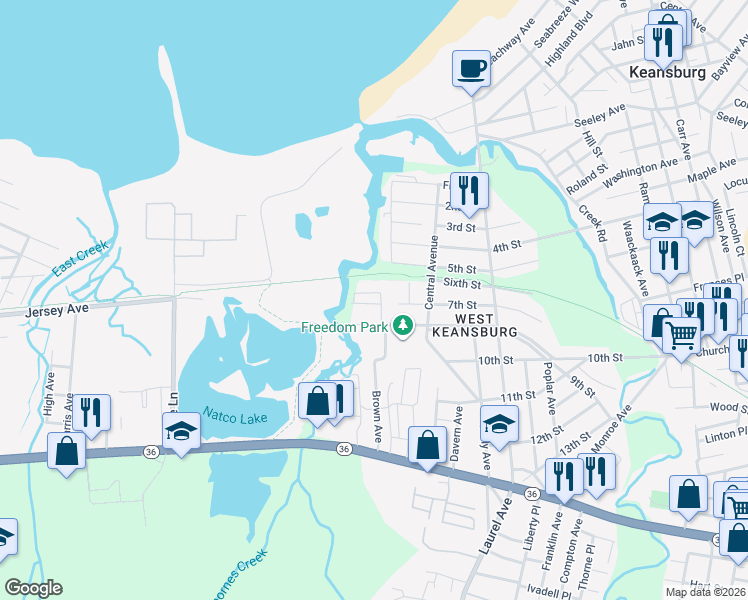map of restaurants, bars, coffee shops, grocery stores, and more near 198 South Park Avenue in Keansburg