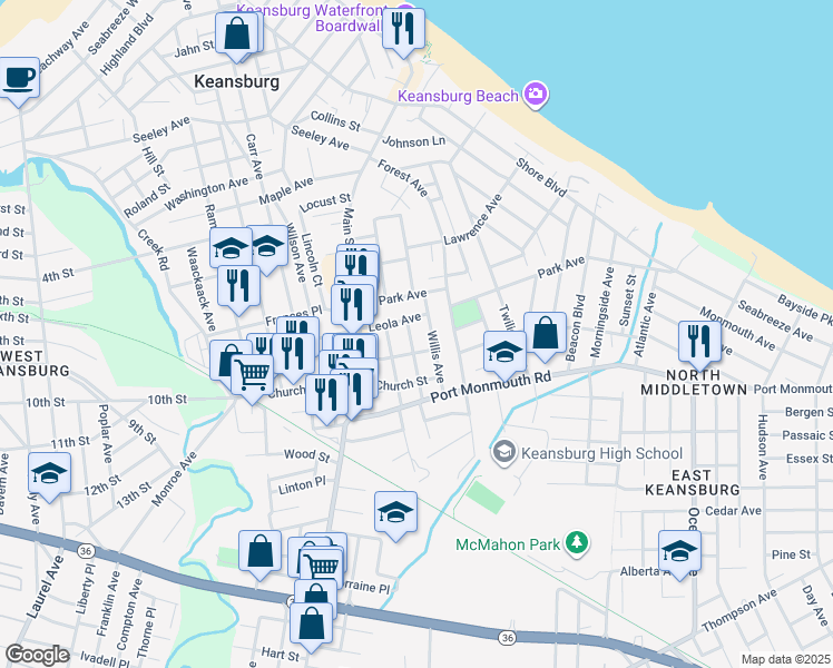 map of restaurants, bars, coffee shops, grocery stores, and more near 41 Willis Avenue in Keansburg