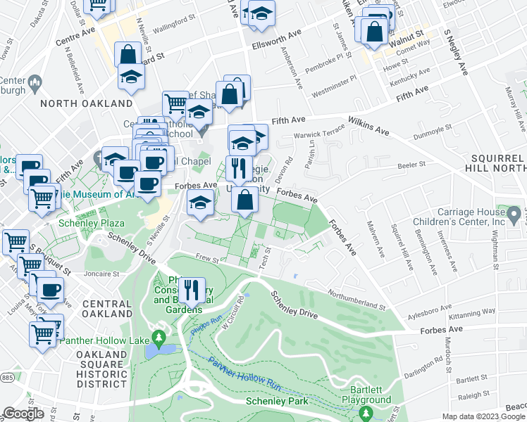 map of restaurants, bars, coffee shops, grocery stores, and more near 5032 Forbes Avenue in Pittsburgh