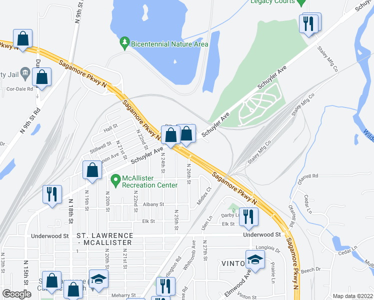 map of restaurants, bars, coffee shops, grocery stores, and more near 2365 Sagamore Parkway North in Lafayette