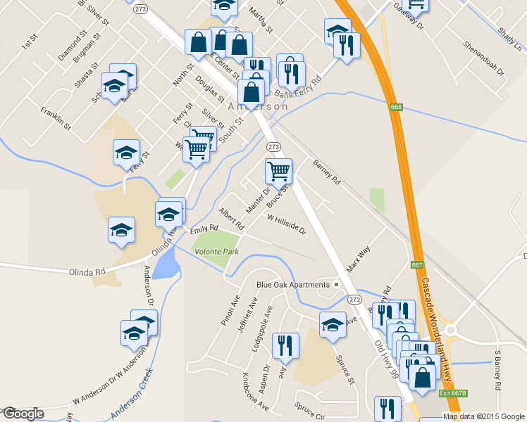 map of restaurants, bars, coffee shops, grocery stores, and more near 1702 Bruce Drive in Anderson