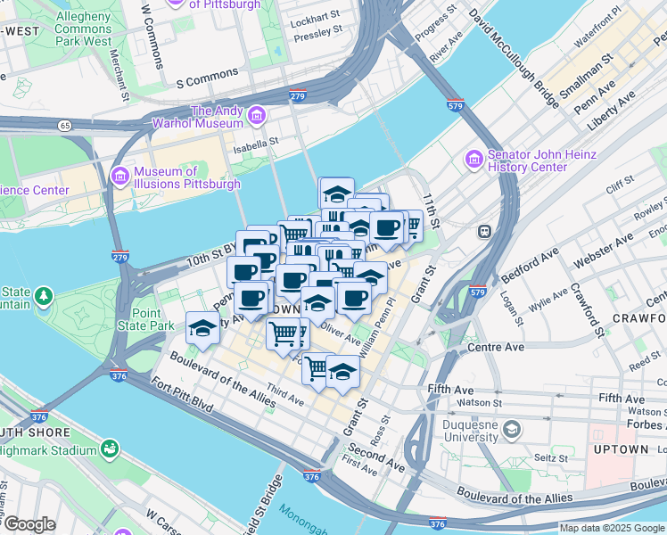 map of restaurants, bars, coffee shops, grocery stores, and more near 808 Penn Avenue in Pittsburgh