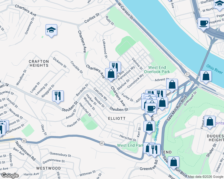 map of restaurants, bars, coffee shops, grocery stores, and more near 907 Chartiers Avenue in Pittsburgh