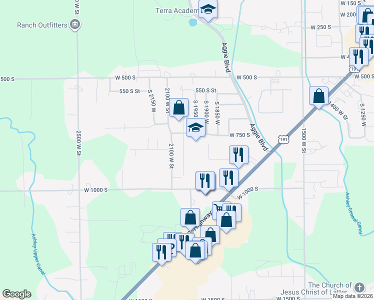 map of restaurants, bars, coffee shops, grocery stores, and more near 835 2050 West Street in Vernal