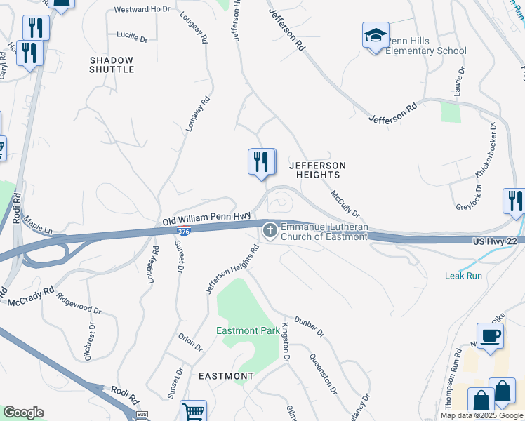 map of restaurants, bars, coffee shops, grocery stores, and more near 3890 Old William Penn Highway in Pittsburgh