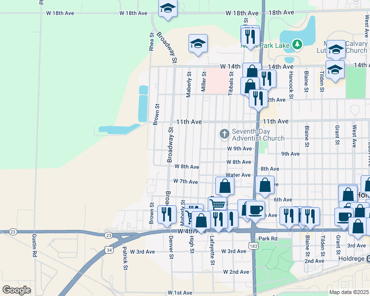 map of restaurants, bars, coffee shops, grocery stores, and more near 900 Maberly Street in Holdrege