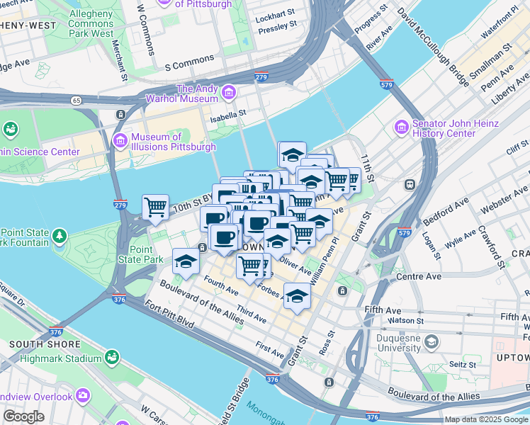 map of restaurants, bars, coffee shops, grocery stores, and more near 100 7th Street in Pittsburgh
