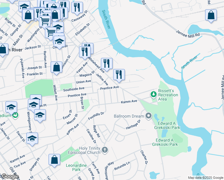 map of restaurants, bars, coffee shops, grocery stores, and more near 11 Schack Avenue in South River