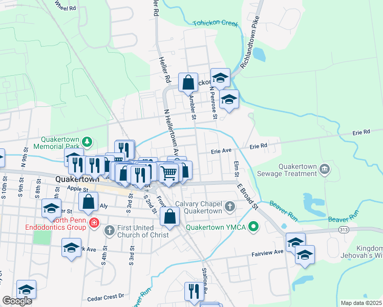 map of restaurants, bars, coffee shops, grocery stores, and more near 54 North Ambler Street in Quakertown