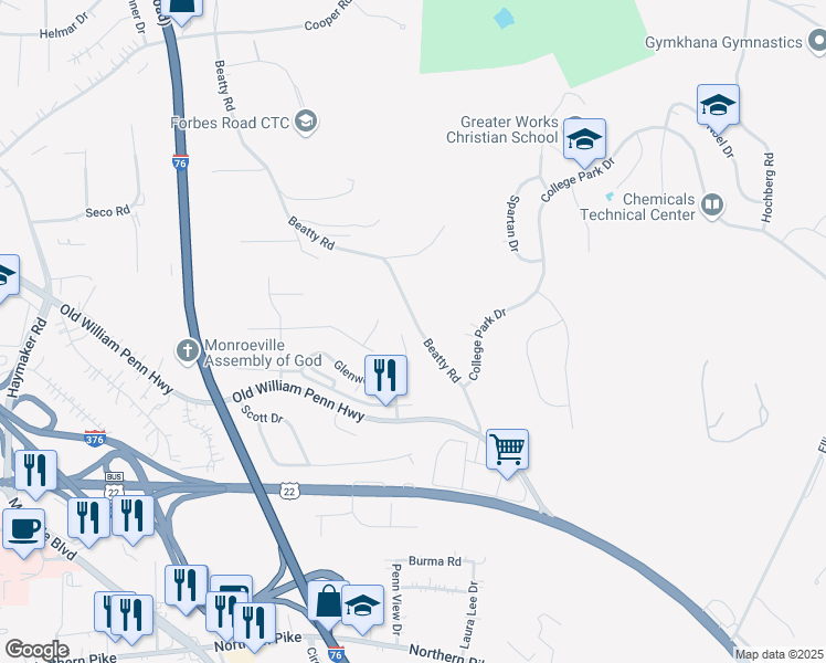 map of restaurants, bars, coffee shops, grocery stores, and more near 474 Cannongate Drive in Monroeville