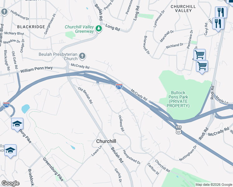 map of restaurants, bars, coffee shops, grocery stores, and more near 8 Churchill Road in Pittsburgh