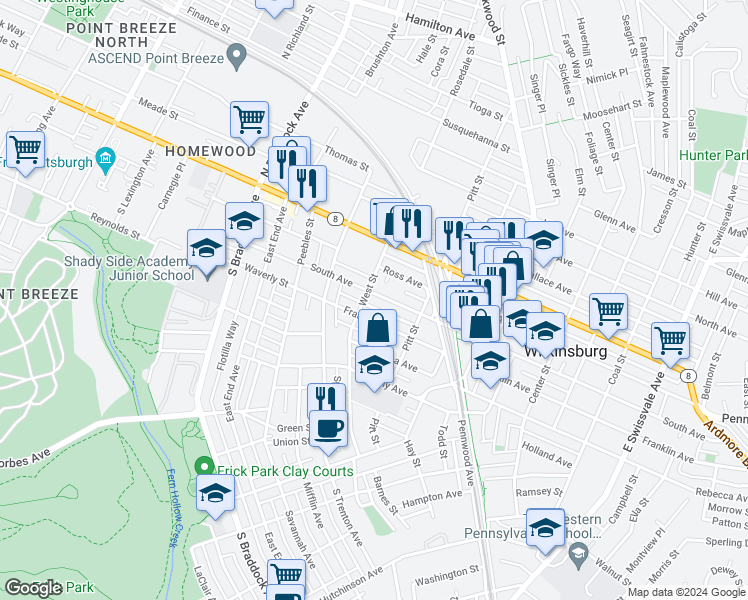 map of restaurants, bars, coffee shops, grocery stores, and more near 419 Franklin Avenue in Pittsburgh
