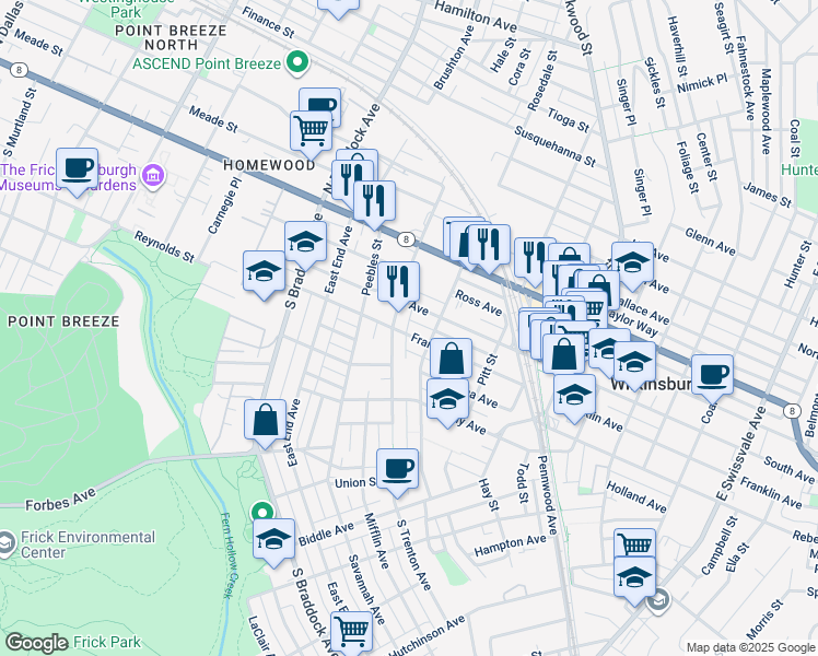 map of restaurants, bars, coffee shops, grocery stores, and more near 318 Franklin Avenue in Pittsburgh