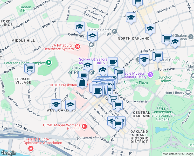 map of restaurants, bars, coffee shops, grocery stores, and more near 412 De Soto Street in Pittsburgh