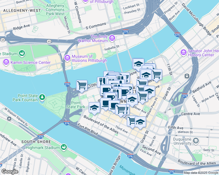 map of restaurants, bars, coffee shops, grocery stores, and more near 142 6th Street in Pittsburgh