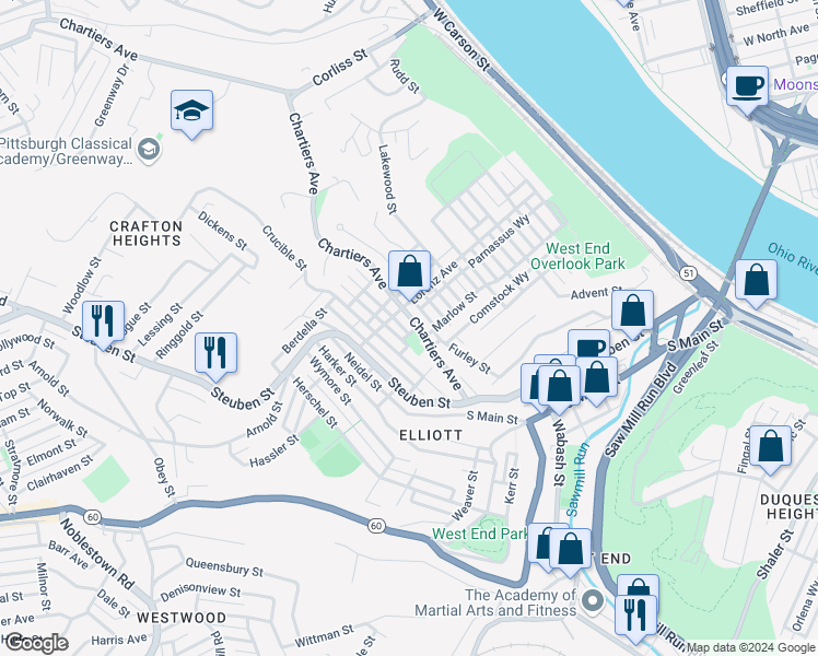 map of restaurants, bars, coffee shops, grocery stores, and more near in Pittsburgh