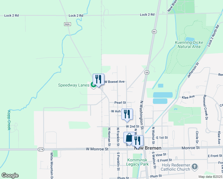 map of restaurants, bars, coffee shops, grocery stores, and more near 444 North Herman Street in New Bremen
