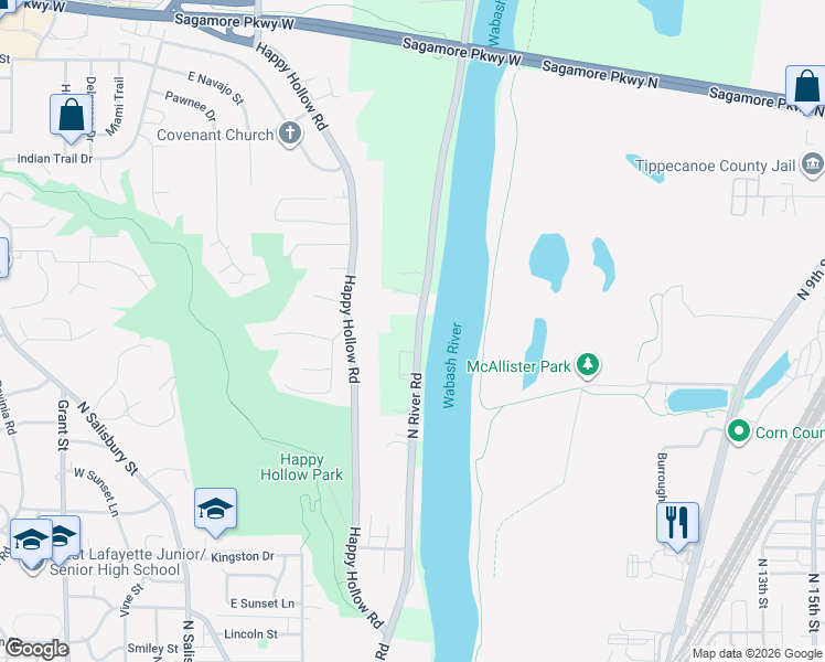 map of restaurants, bars, coffee shops, grocery stores, and more near 1730-1732 North River Road in West Lafayette