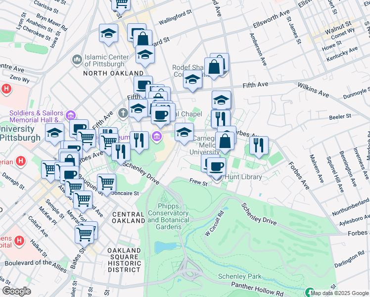 map of restaurants, bars, coffee shops, grocery stores, and more near 5000 Forbes Avenue in Pittsburgh