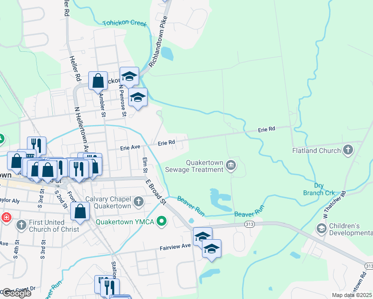 map of restaurants, bars, coffee shops, grocery stores, and more near 576 Erie Road in Quakertown