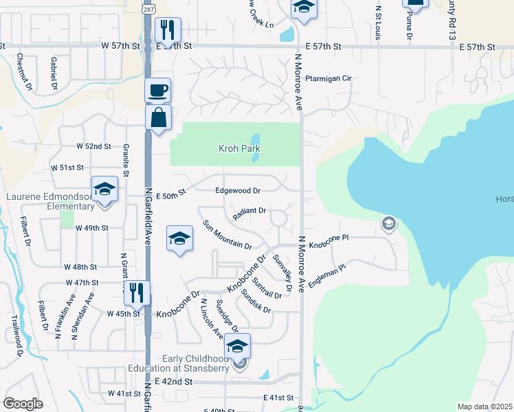 map of restaurants, bars, coffee shops, grocery stores, and more near 520 Radiant Drive in Loveland