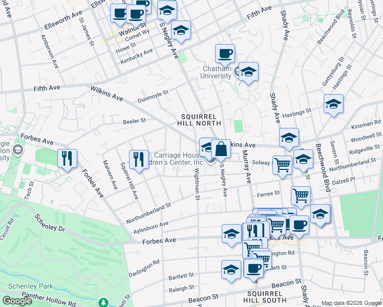 map of restaurants, bars, coffee shops, grocery stores, and more near 1255 Bellerock Street in Pittsburgh